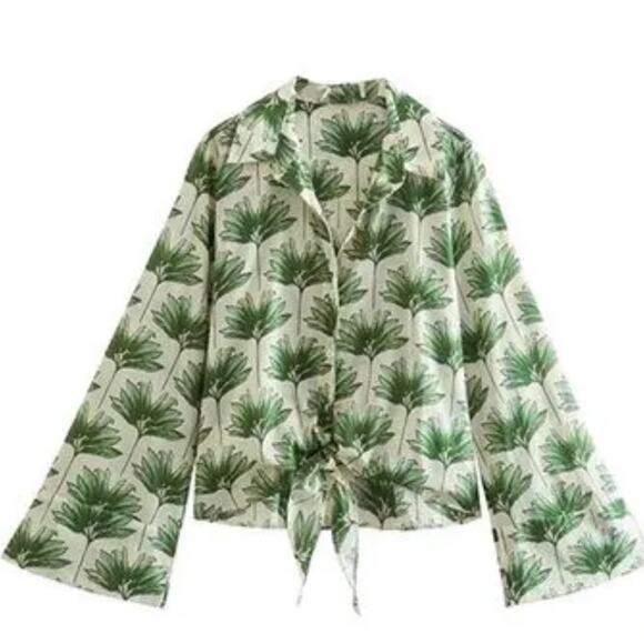 Zara NEW Tropical Cropped Shirt Womens Medium Green Cream Button Tie Waist Top - Picture 1 of 9